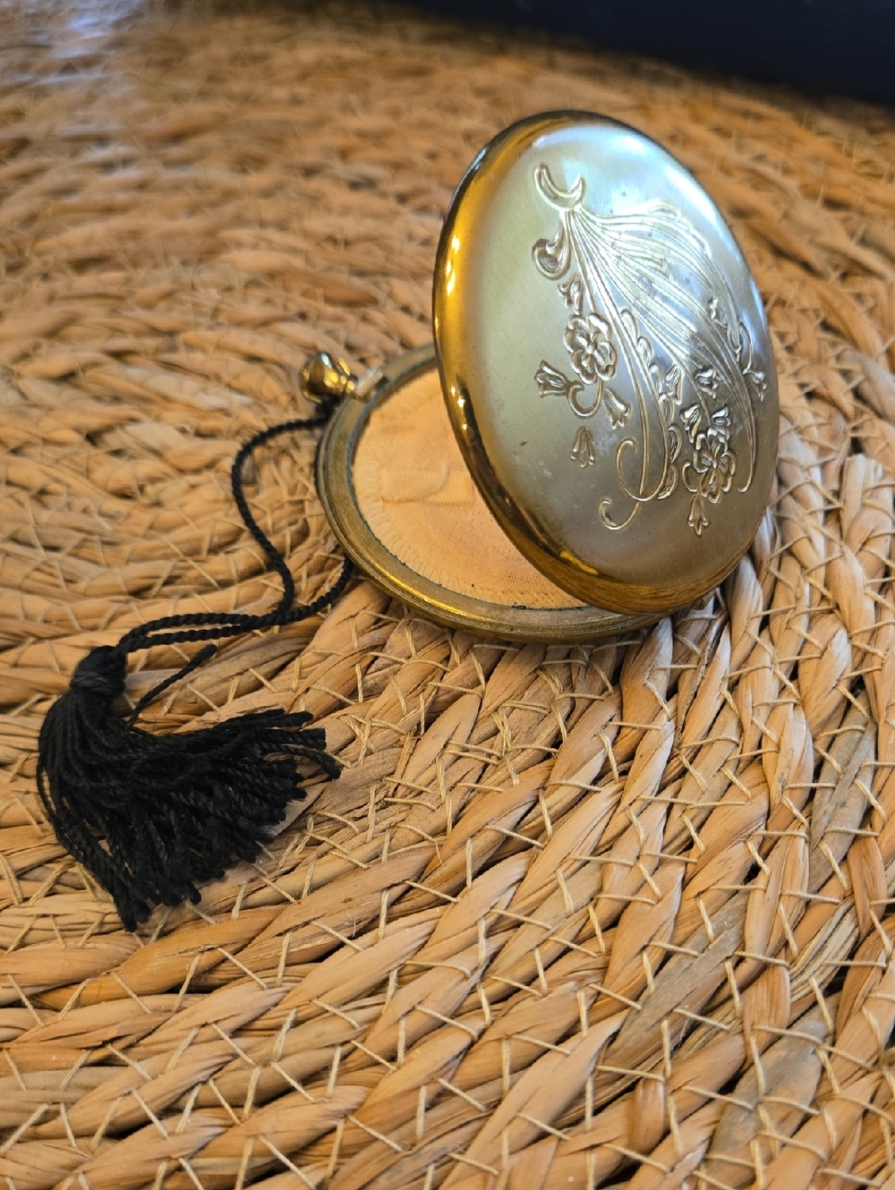 Vintage Zell 5th Ave Brass Compact Mirror with Black Tassel